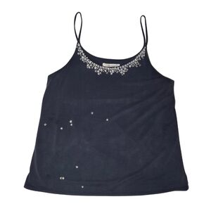 Hand Painted Floral Cami Tank Navy Blue Soft Suede Feel Upcycled Boho Art Top